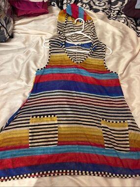 Kaktus Striped Hooded Swim Coverup in Blue, Red, Yellow, Black